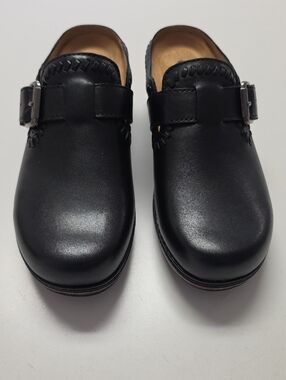 Brand New Earth Black Leather Slip-On Clogs with Silver Buckle. Size 8.5 medium.